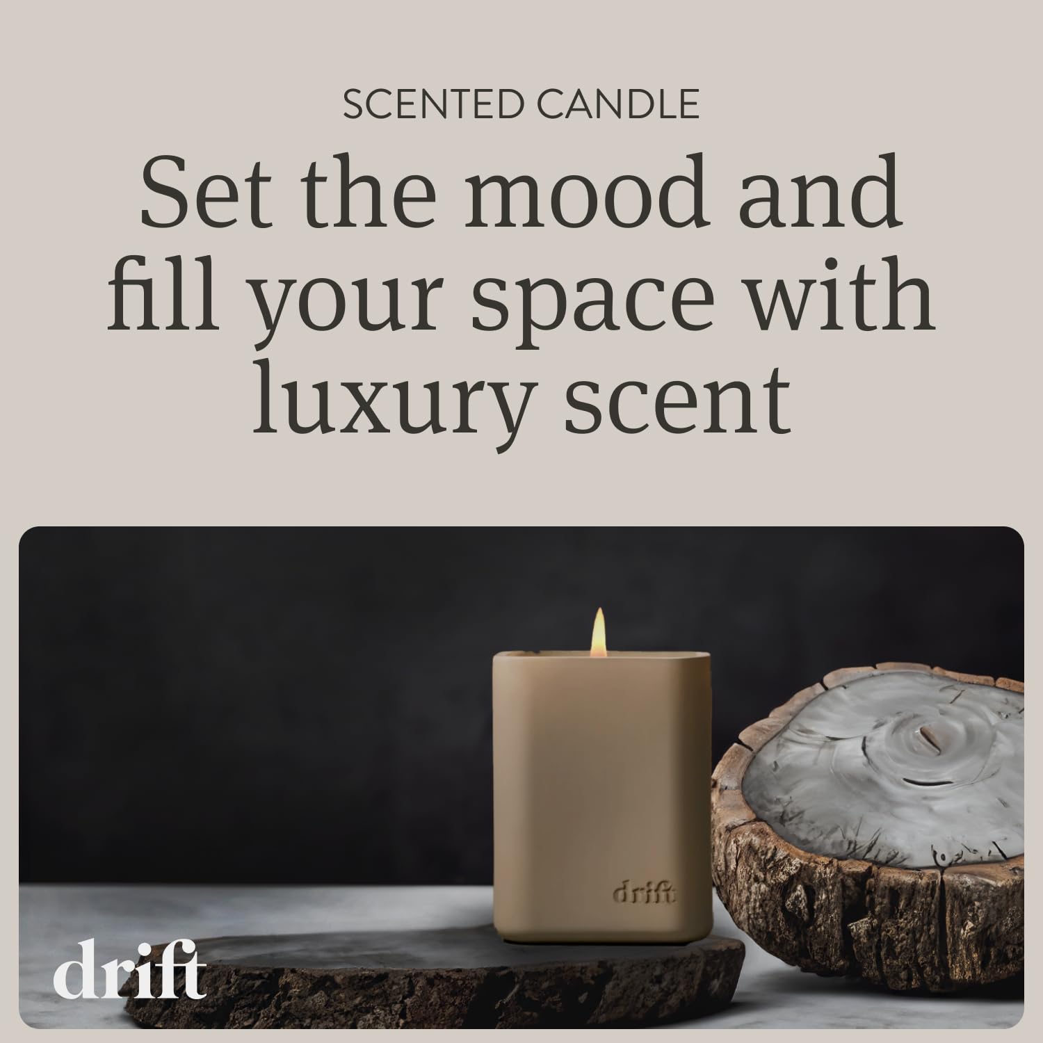 Drift teak scented candle releases clean fragrance oils.