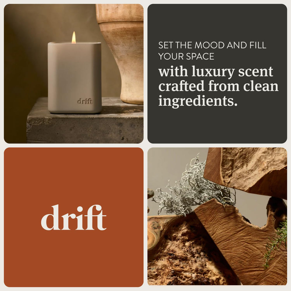 Drift teak scented candle with modern design enhances home decor.