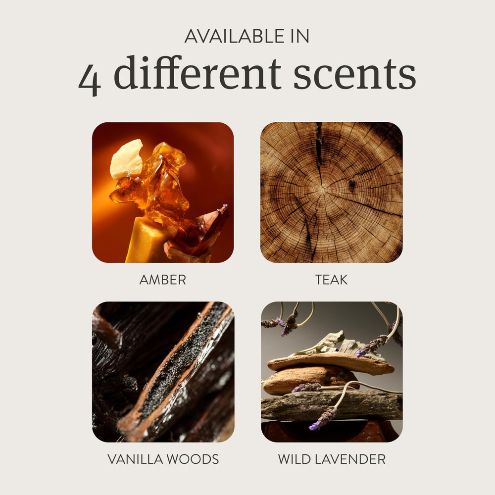 Drift teak scented candle offers passive diffusion lasting sixty days unlit.