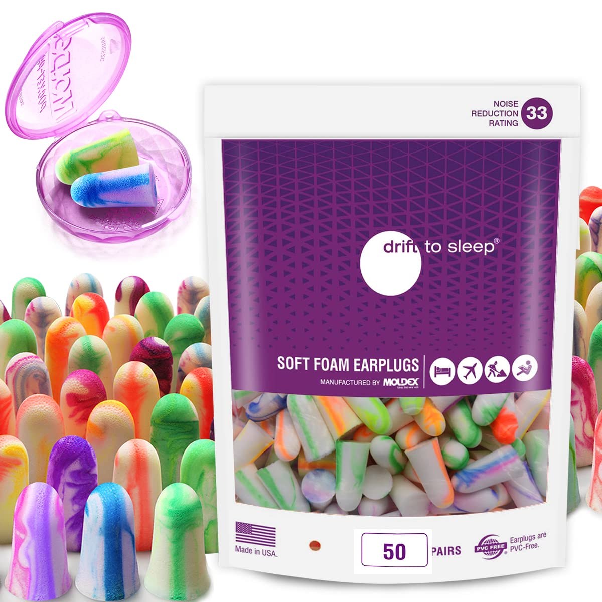 DRIFT TO SLEEP MOLDEX Softies earplugs close-up showing ultra comfort and high noise reduction