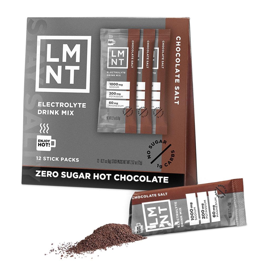 Drink LMNT zero sugar hot chocolate scoop in a mug for cozy hydration.
