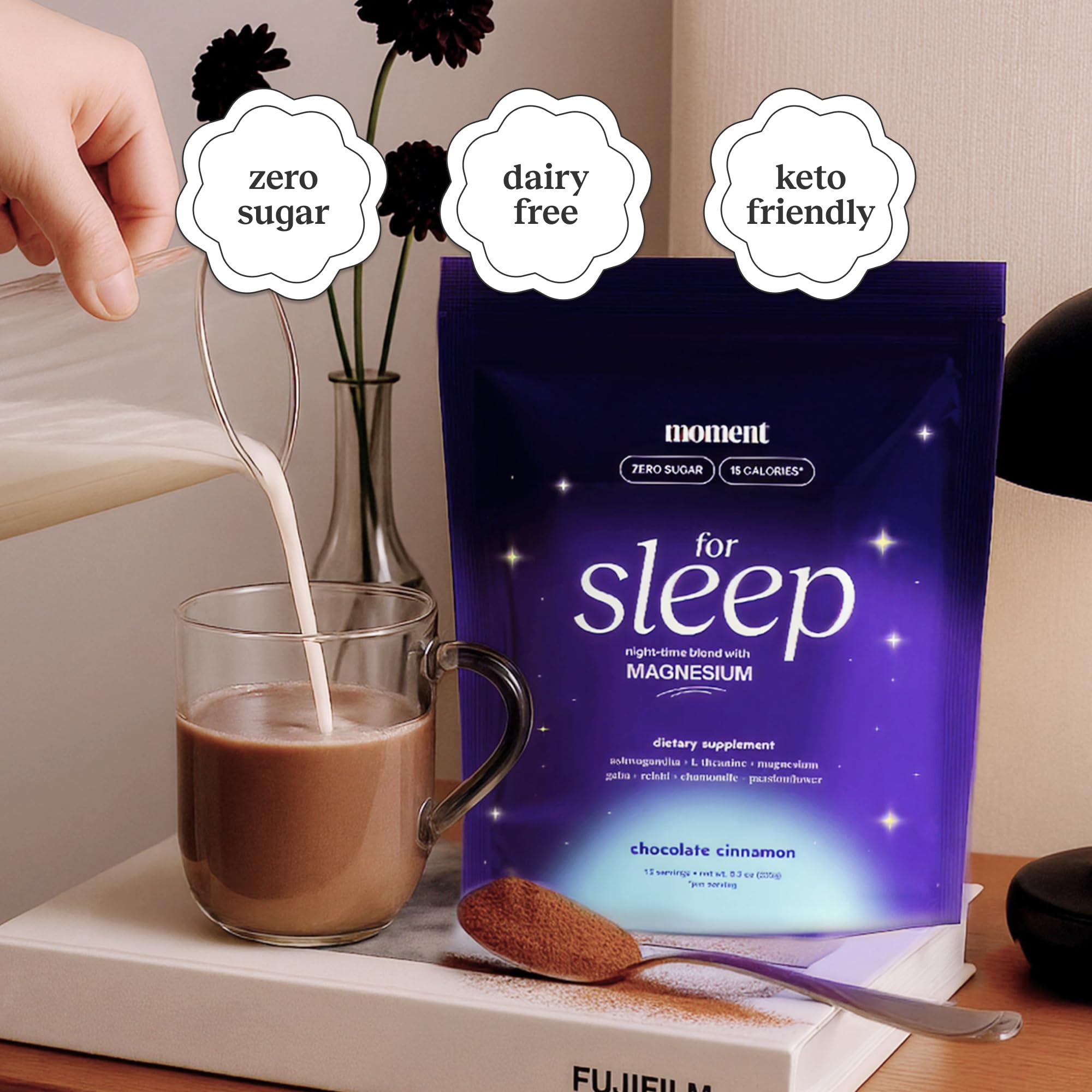 Steaming cup prepared with Moment Sleep Powder for a calm night