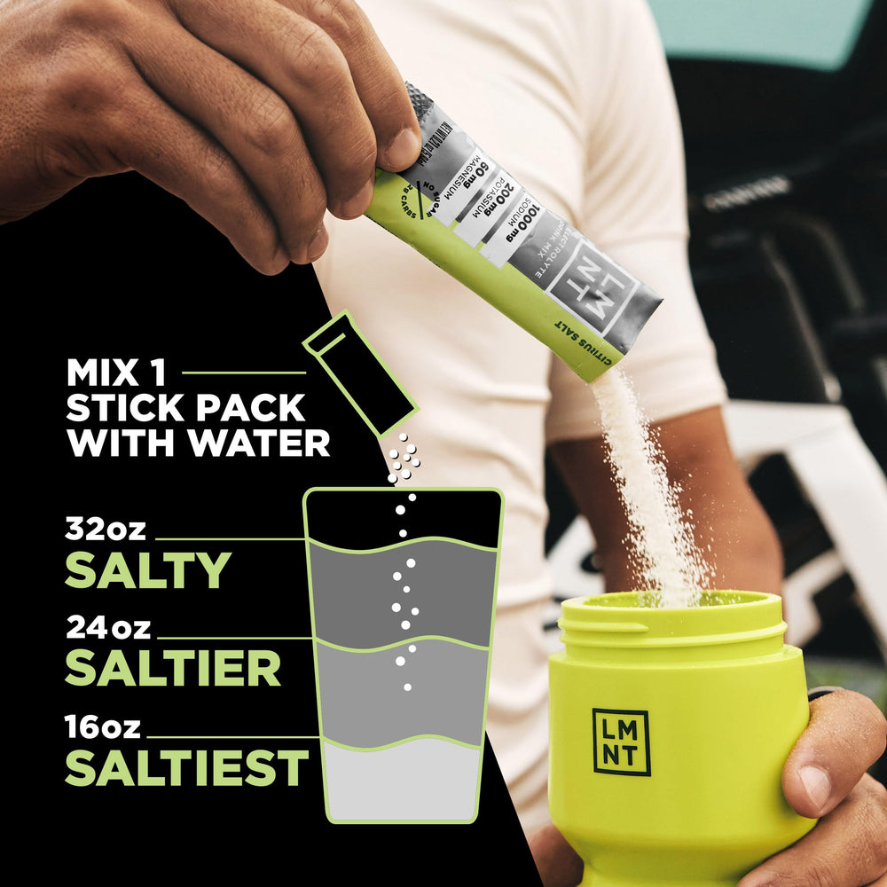 Drink LMNT Citrus Salt taste image emphasizes citrus flavor and sugar-free hydration.