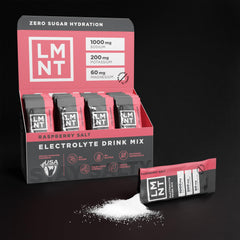 Drink LMNT Raspberry Salt ingredients label highlighting balanced electrolytes.