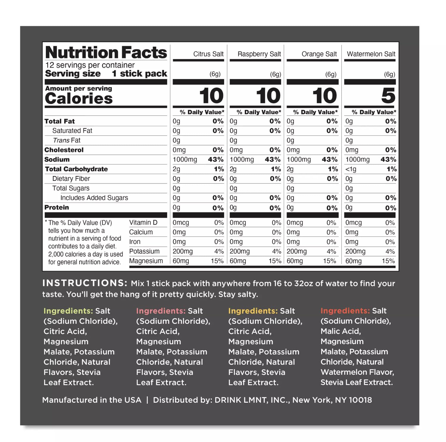 Drink LMNT Zero Sugar Variety Pack flavors, sugar-free electrolyte for active daily hydration.