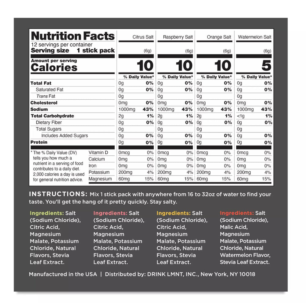 Drink LMNT Zero Sugar Variety Pack flavors, sugar-free electrolyte for active daily hydration.