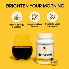 Drinkwel Better Mornings label closeup - highlights essential nutrients for daily vitality