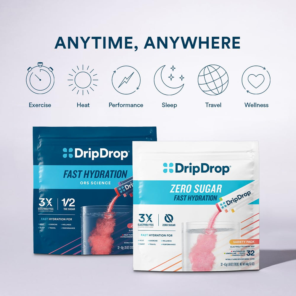 Assorted DripDrop flavors displayed for easy hydration choices