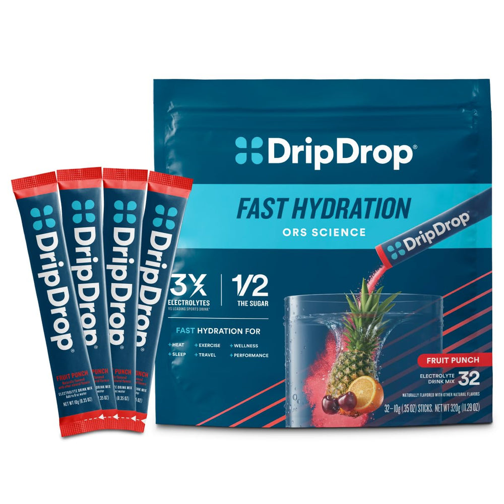 DripDrop Fruit Punch packet for on-the-go hydration with electrolytes.