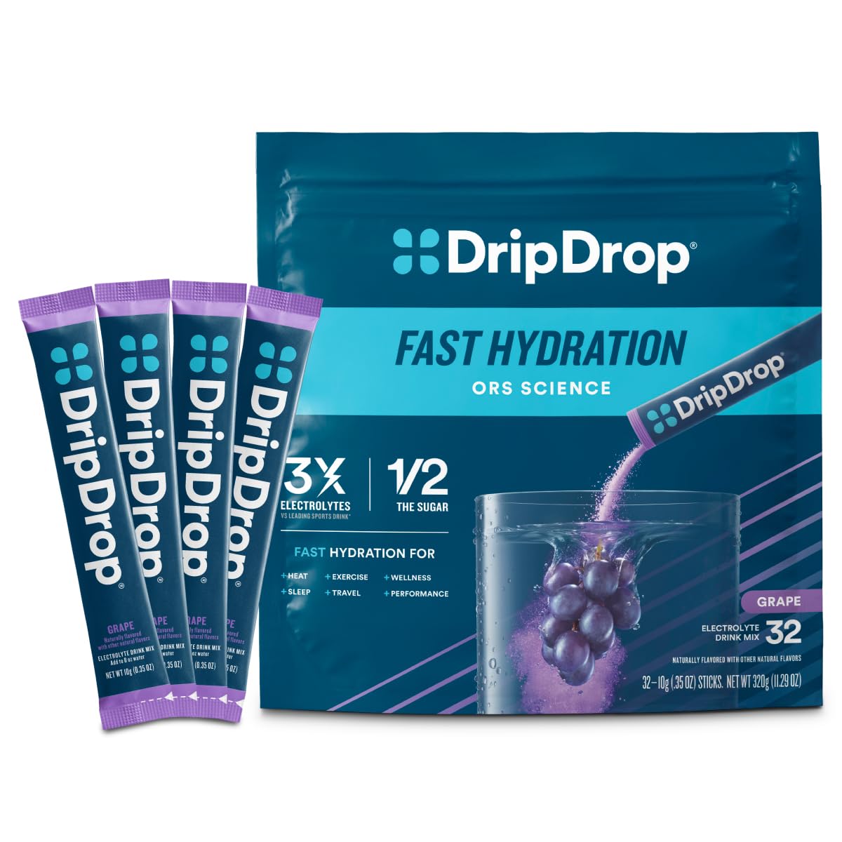 DripDrop grape hydration packet being poured into a glass for fast hydration.