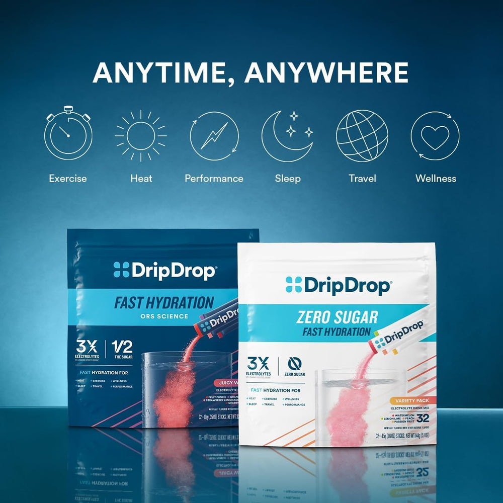 DripDrop Grape packet ready for refreshing electrolyte hydration on the go
