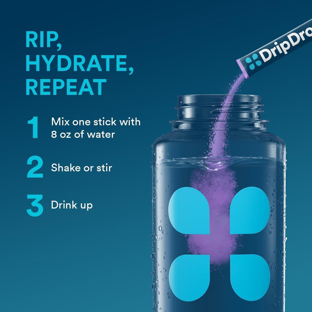 DripDrop grape powder dissolving in water with refreshing aroma for on-the-go hydration.