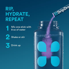 DripDrop grape powder dissolving in water with refreshing aroma for on-the-go hydration.