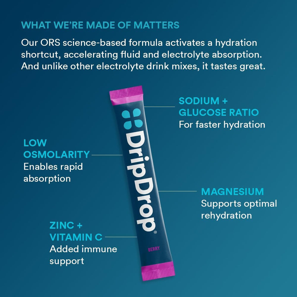 Stirring DripDrop Berry in water for flavor and electrolytes