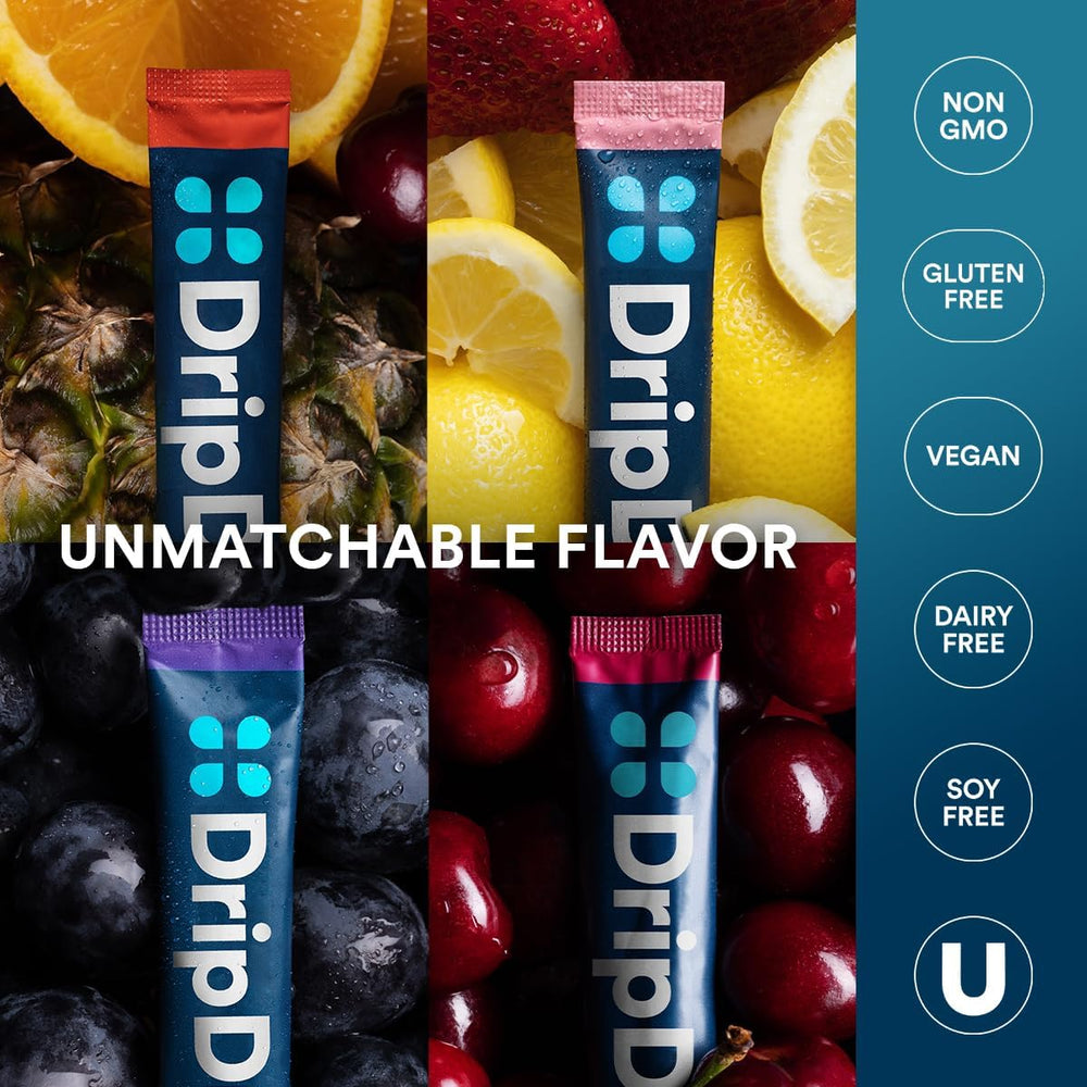 DripDrop Hydration Packets in cherry flavor for quick hydration on the go.