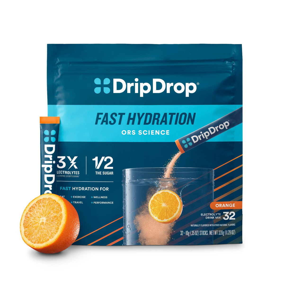 DripDrop orange hydration packets in pack shot showing convenient on-the-go hydration