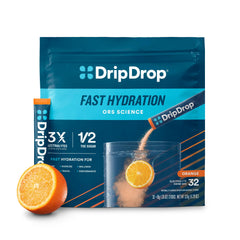 DripDrop orange hydration packets in pack shot showing convenient on-the-go hydration