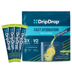 DripDrop Lemon Lime packet front view for quick on-the-go hydration.