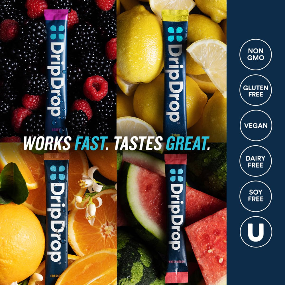 DripDrop non-GMO and gluten-free label on hydration packet