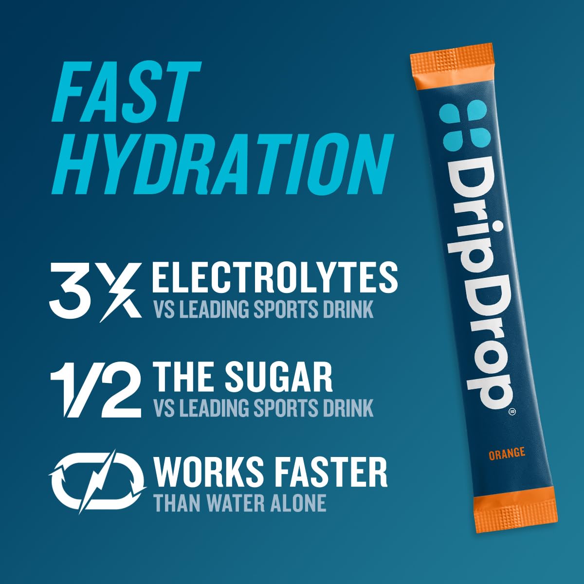 DripDrop orange hydration packet close-up highlighting easy mix into water