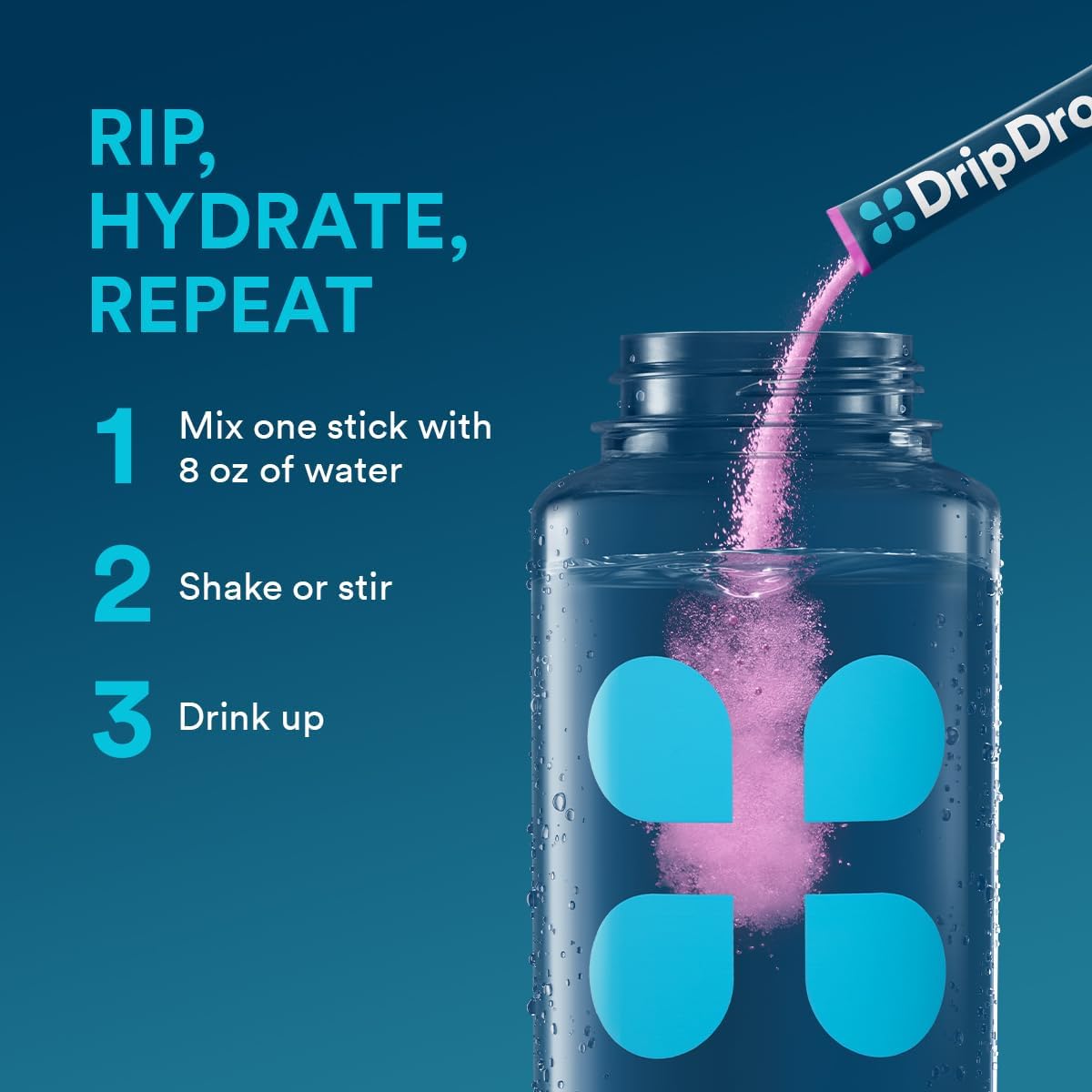DripDrop powder dissolving in a glass for fast hydration.