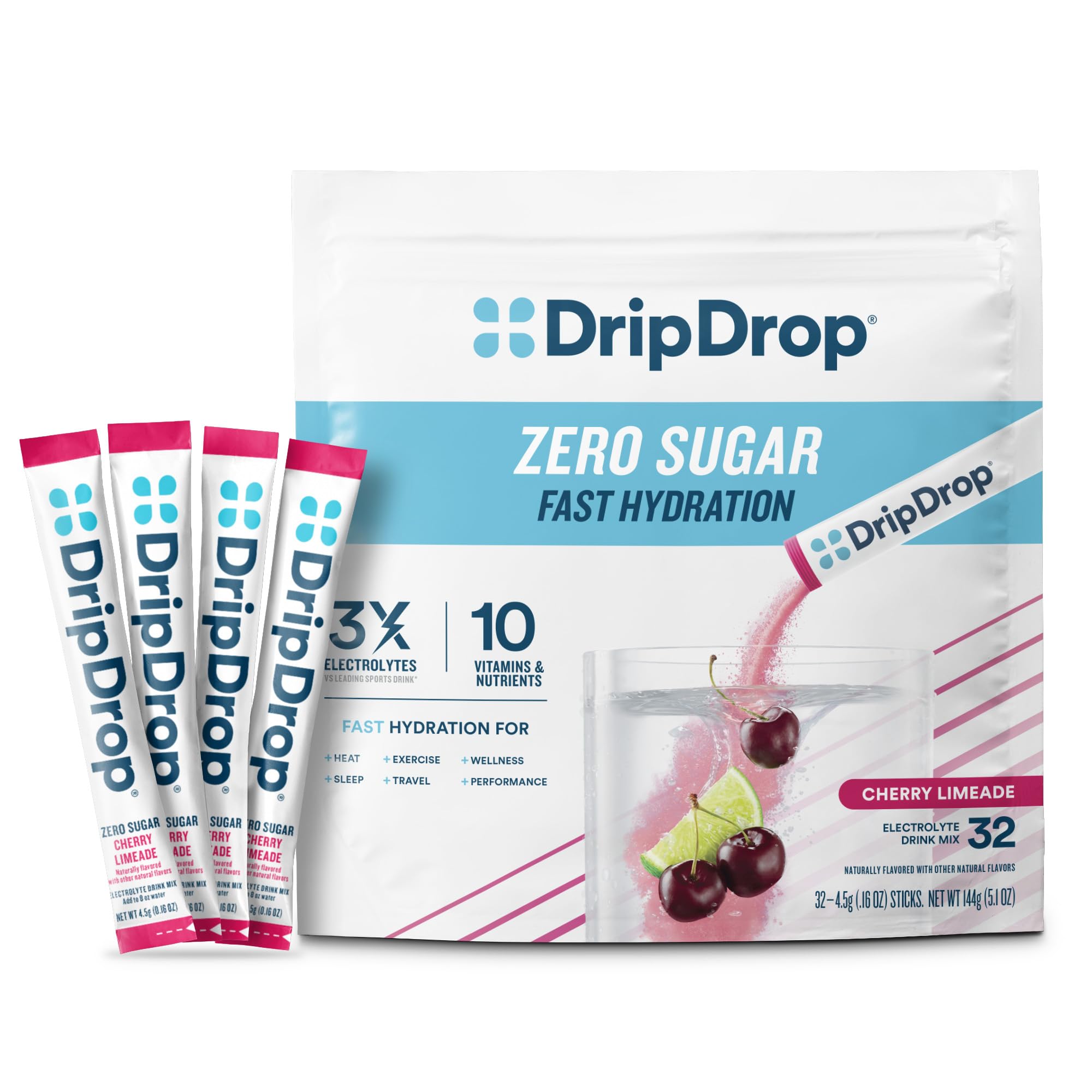 DripDrop Sugar Free Cherry Limeade packets ready to mix for quick hydration.