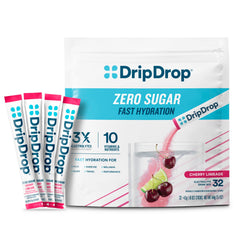 DripDrop Sugar Free Cherry Limeade packets ready to mix for quick hydration.