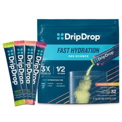 DripDrop Sunburst Lemon Lime packet dissolving in water for fast hydration.