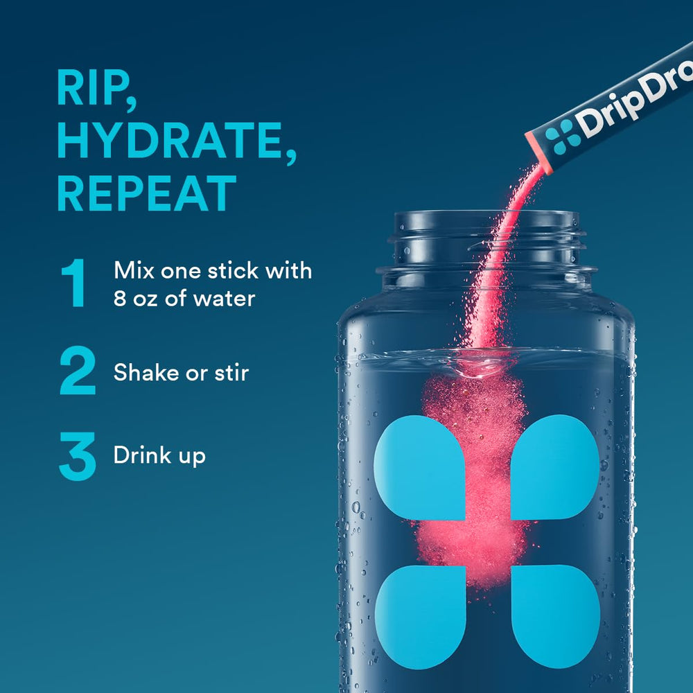 DripDrop Sunburst travel pack shown for on-the-go hydration.
