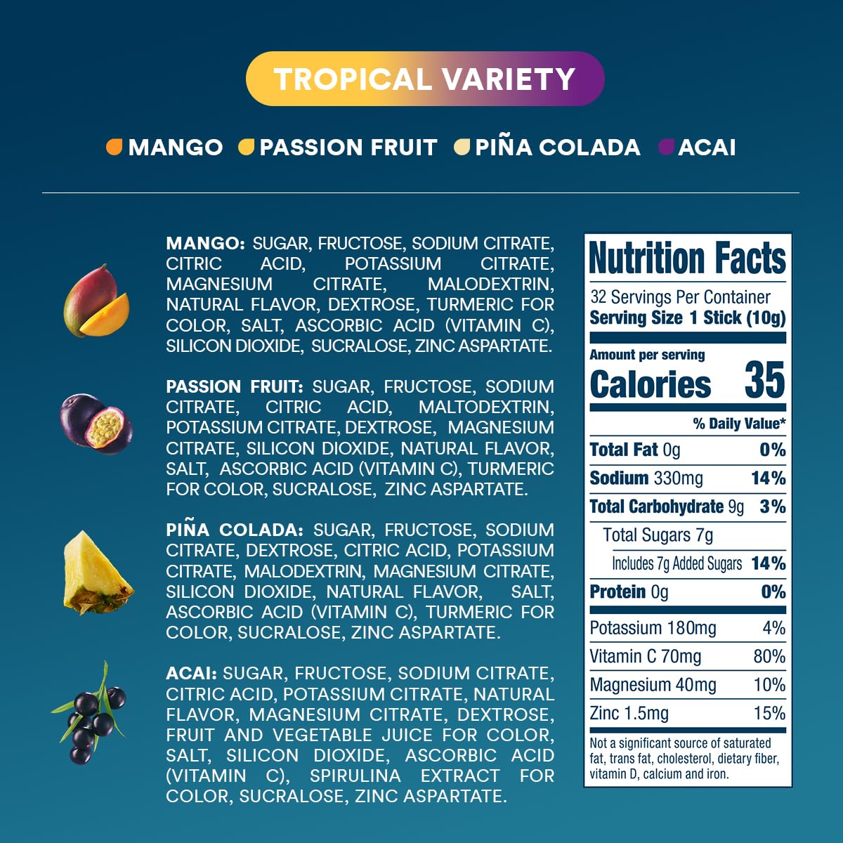 DripDrop tropical variety on-the-go pack for easy hydration anywhere.