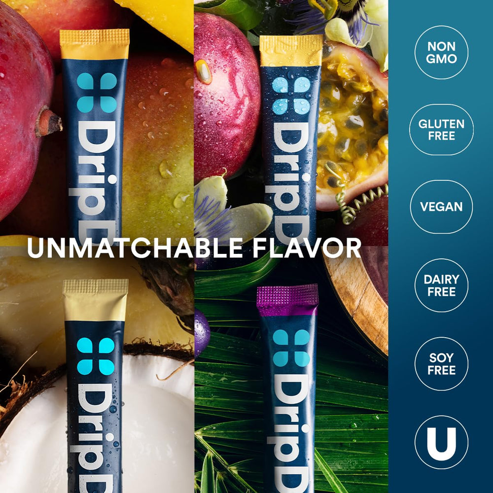 DripDrop travel pack offers convenient single-serve hydration anywhere you go.