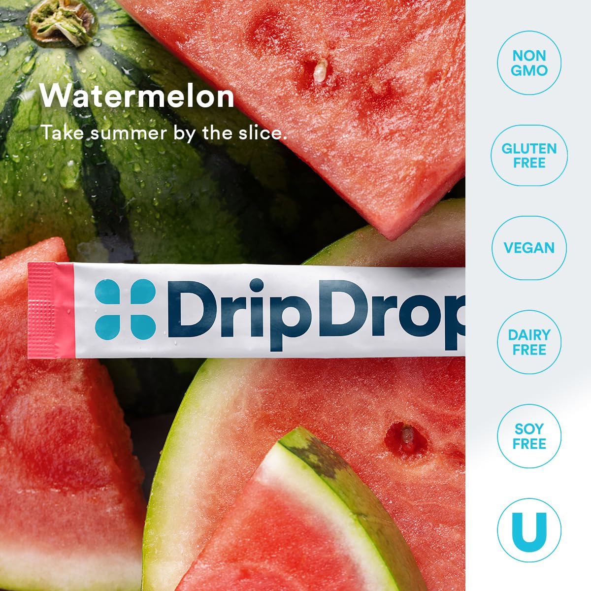 Vitamin C and B vitamins panel on DripDrop sachet.