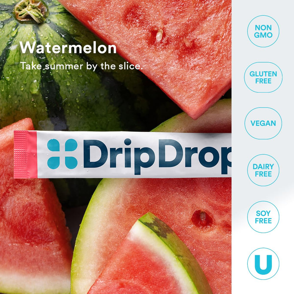 Vitamin C and B vitamins panel on DripDrop sachet.
