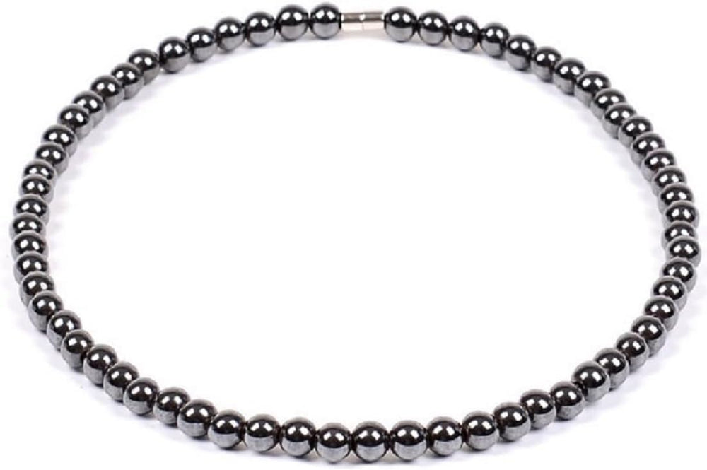 Drkao hematite necklace closeup of smooth 6mm beads for daily wear.