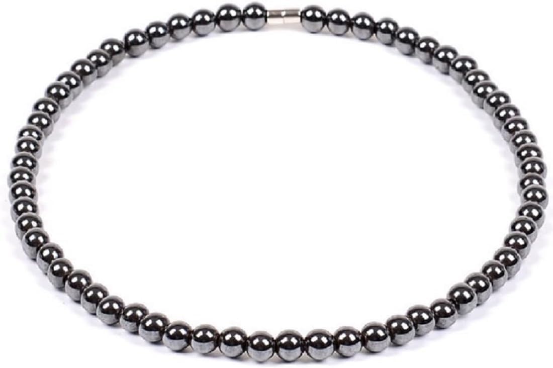 Drkao hematite necklace closeup of smooth 6mm beads for daily wear.