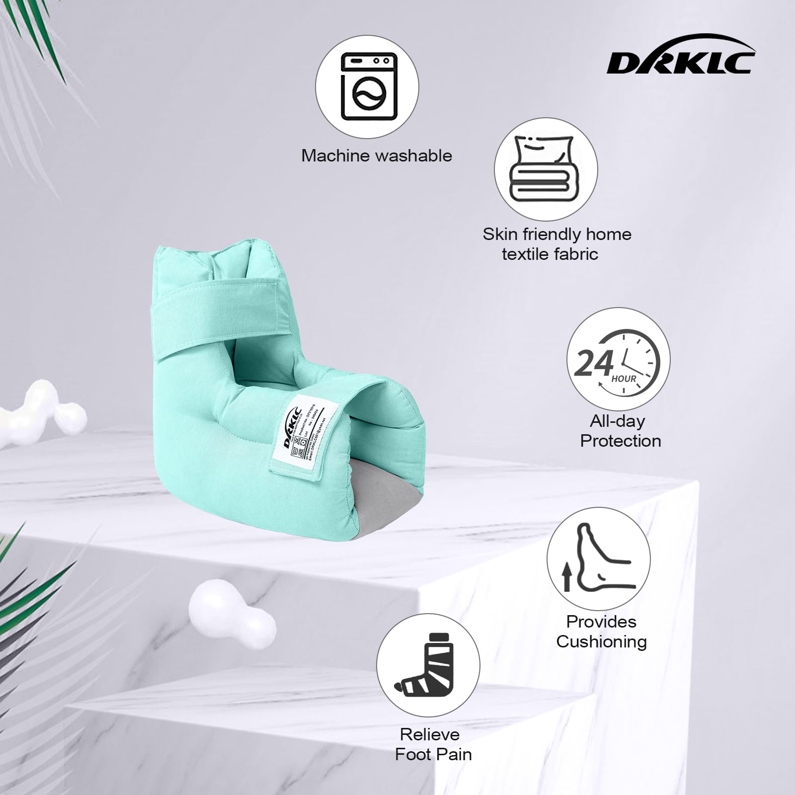DRKLC heel pillow shows adjustable double Velcro straps for secure fit
