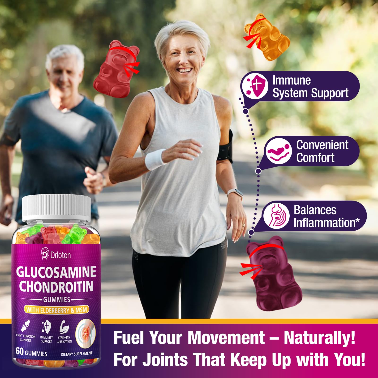 Drloton elderberry-enhanced gummies packaging emphasizes antioxidant wellness for joints.