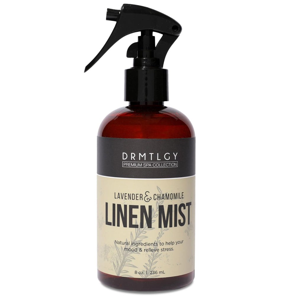 DRMTLGY Lavender Linen Mist bottle delivers a calming aroma for linens.