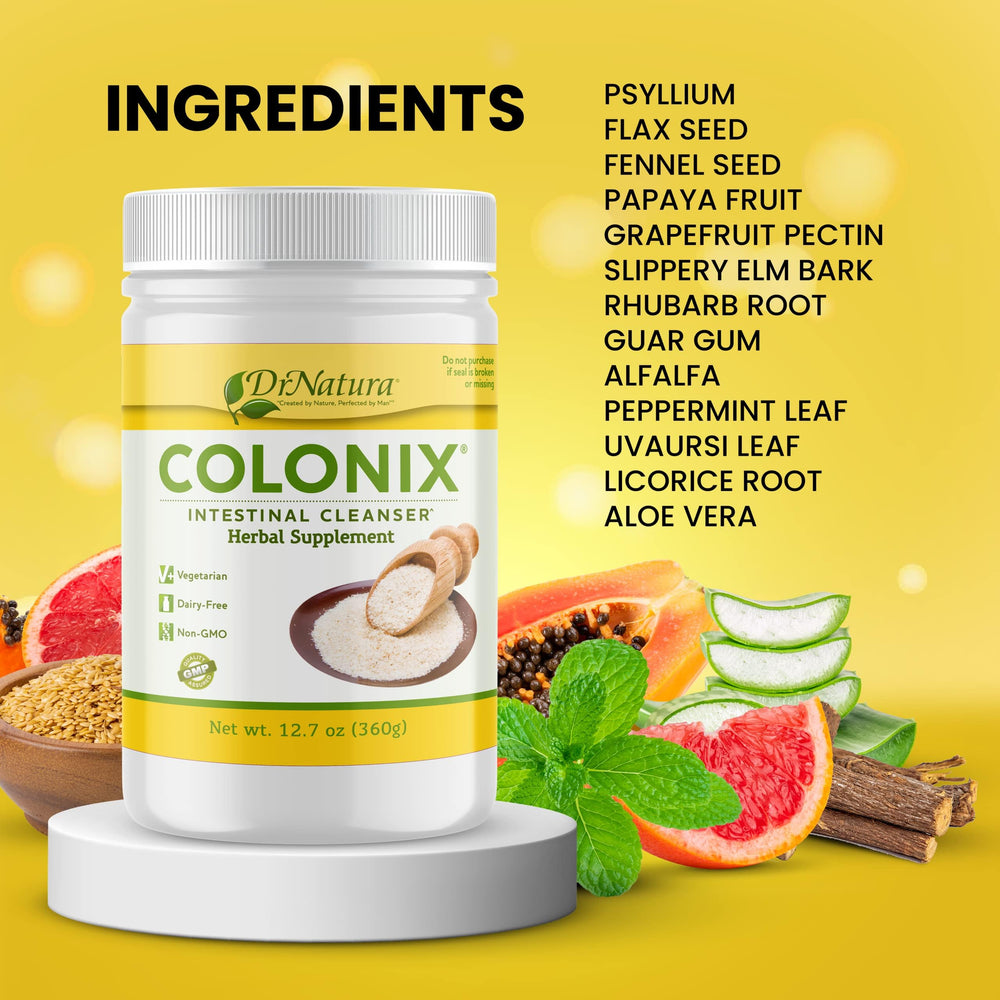 DrNatura Colonix herbal blend ingredients scene showcases plant-based detox support