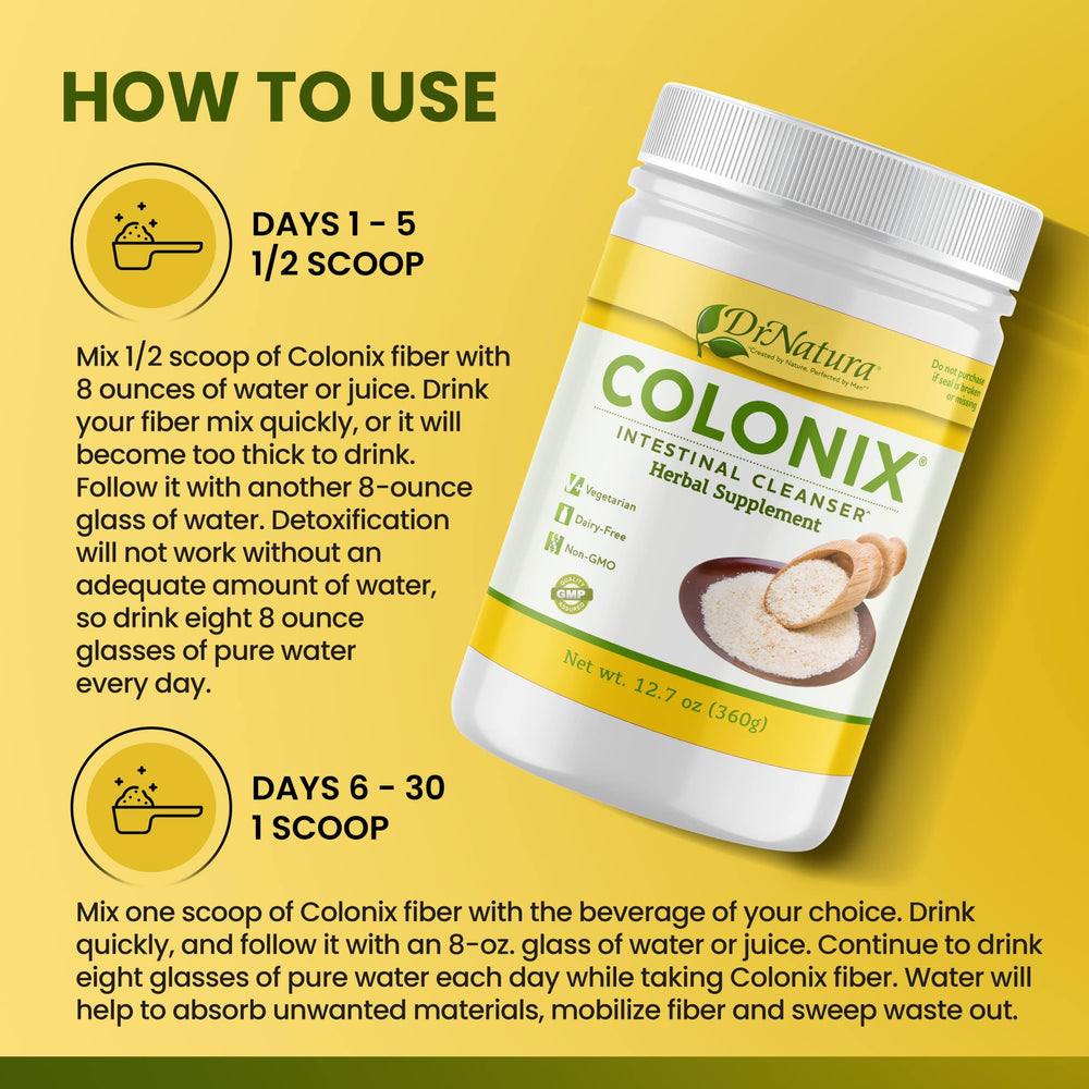 DrNatura Colonix tub label highlights all-natural fiber detox benefits