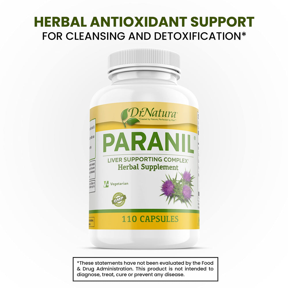 DrNatura Paranil bottle back detail highlighting ingredients and dosage.