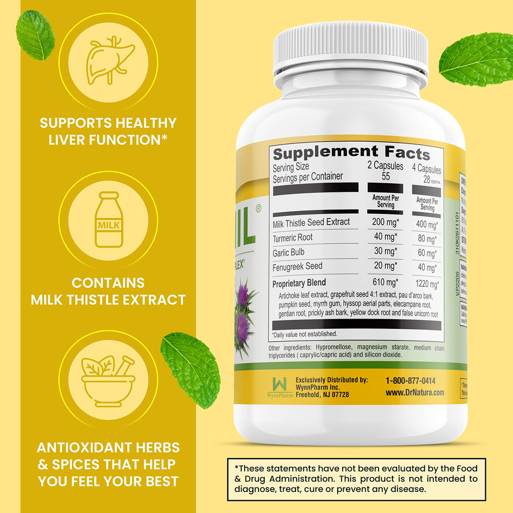 DrNatura Paranil capsules closeup showing milk thistle among herbs.