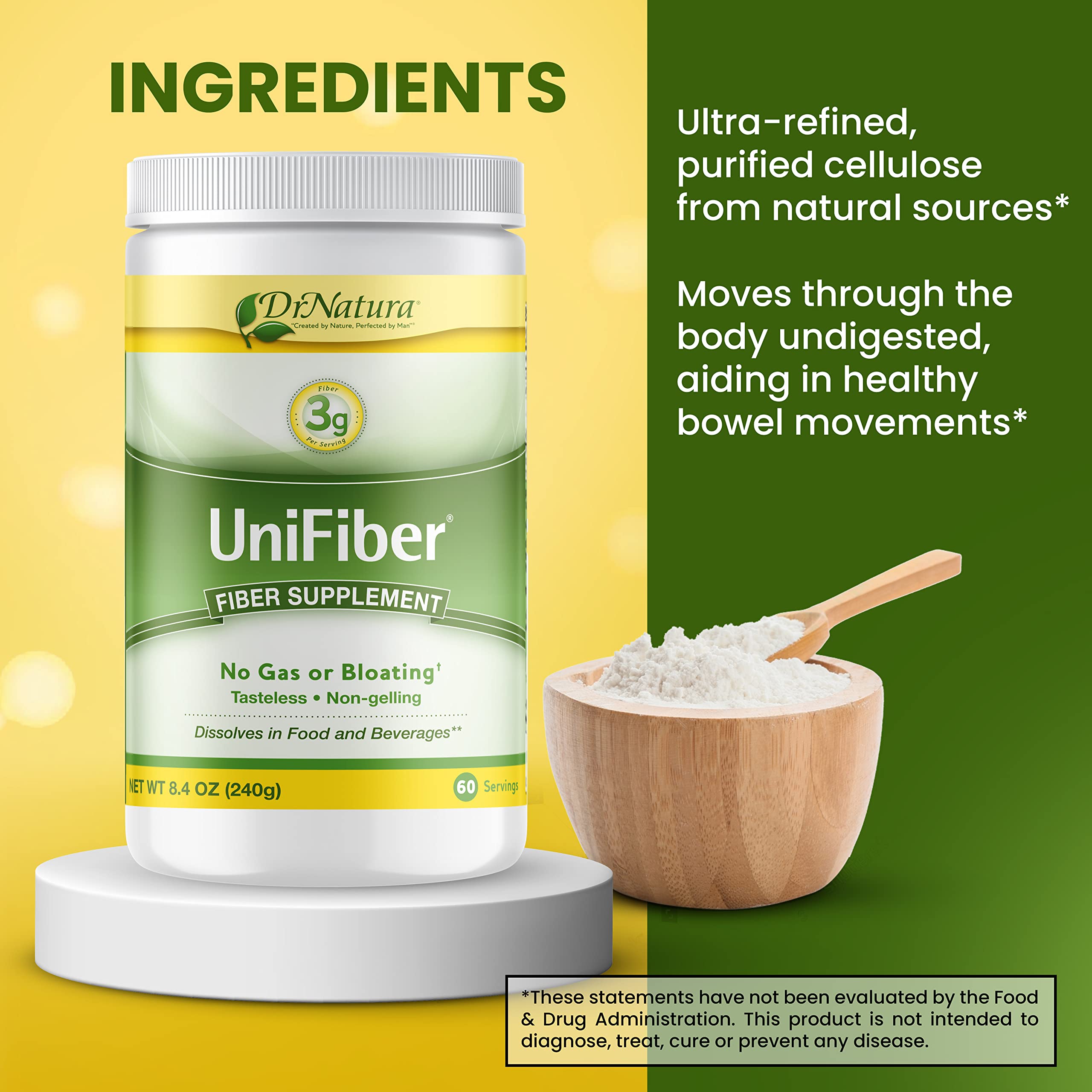 DrNatura Unifiber gluten-free label emphasizes dietary compatibility and inclusivity.