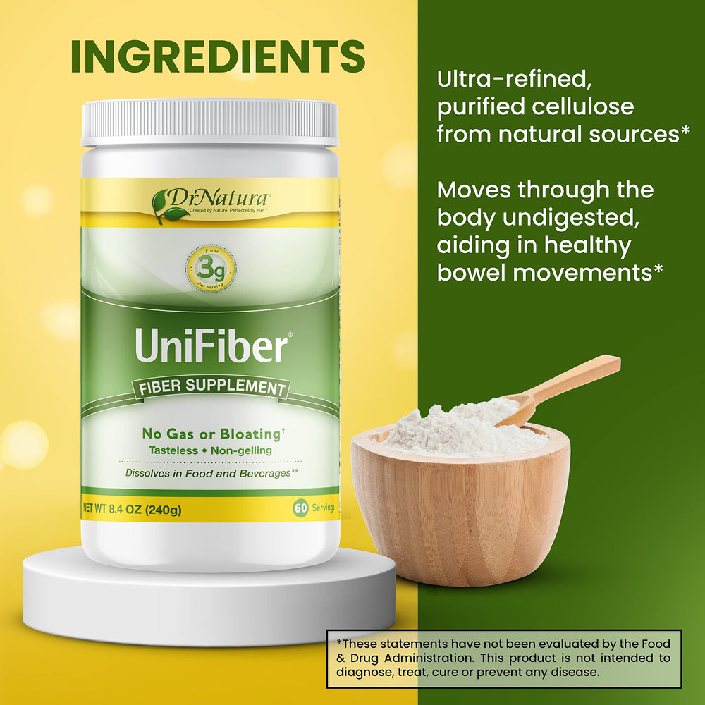DrNatura Unifiber gluten-free label emphasizes dietary compatibility and inclusivity.
