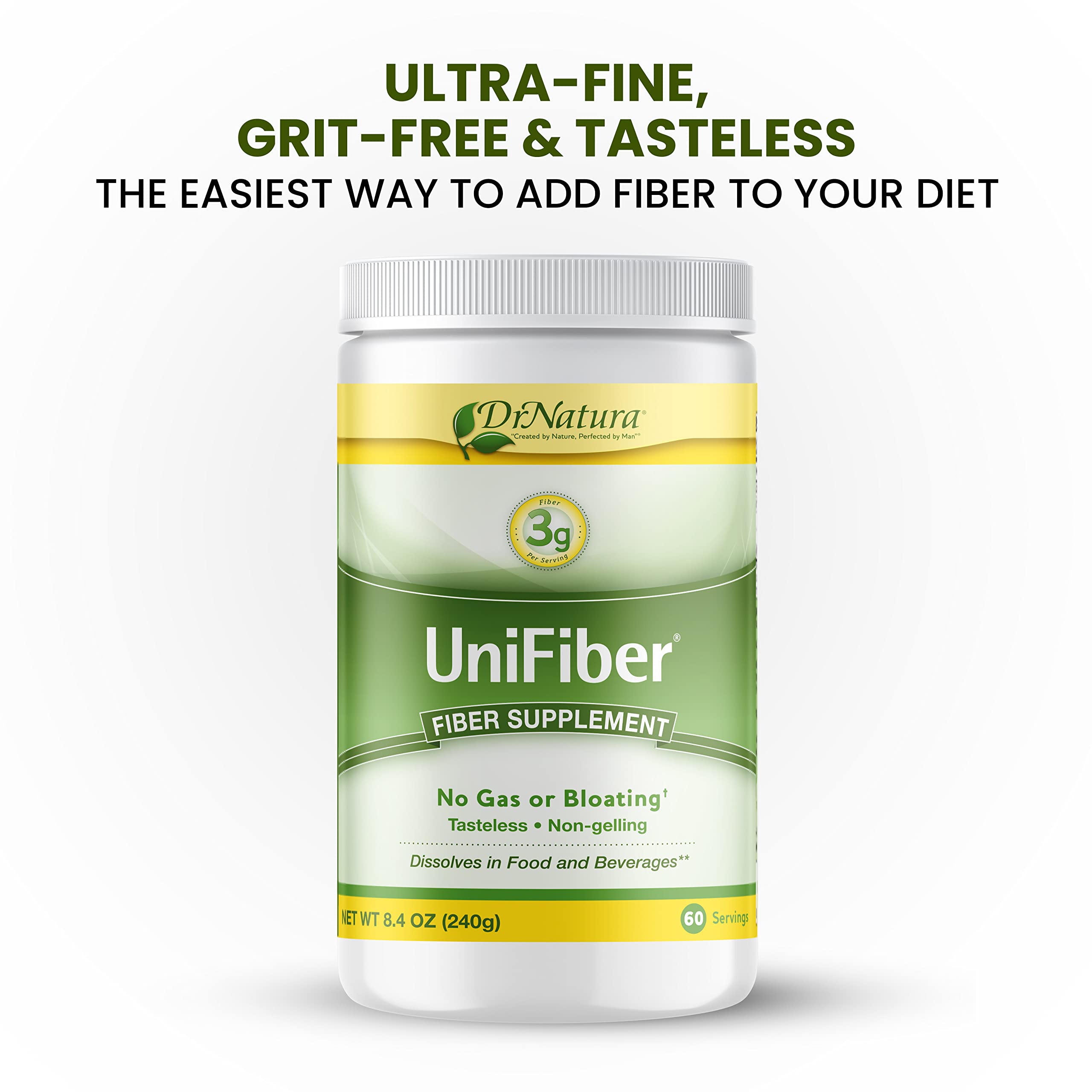 DrNatura Unifiber powder texture blends tastelessly into beverages for seamless daily use.