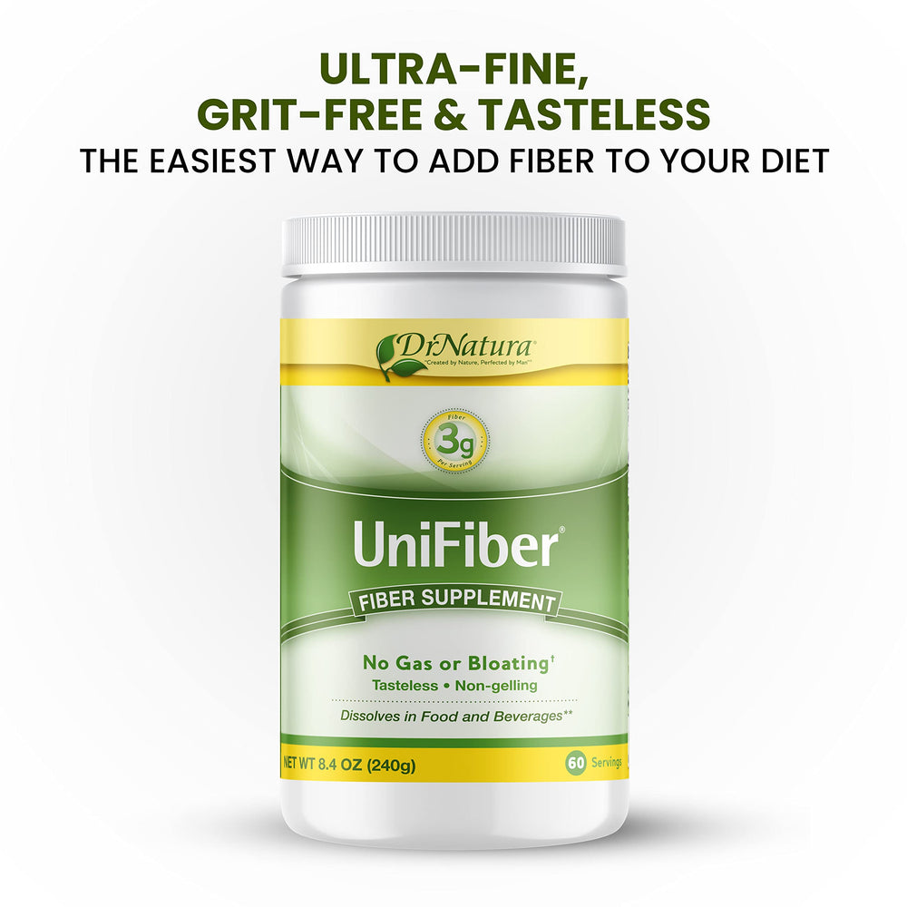 DrNatura Unifiber powder texture blends tastelessly into beverages for seamless daily use.
