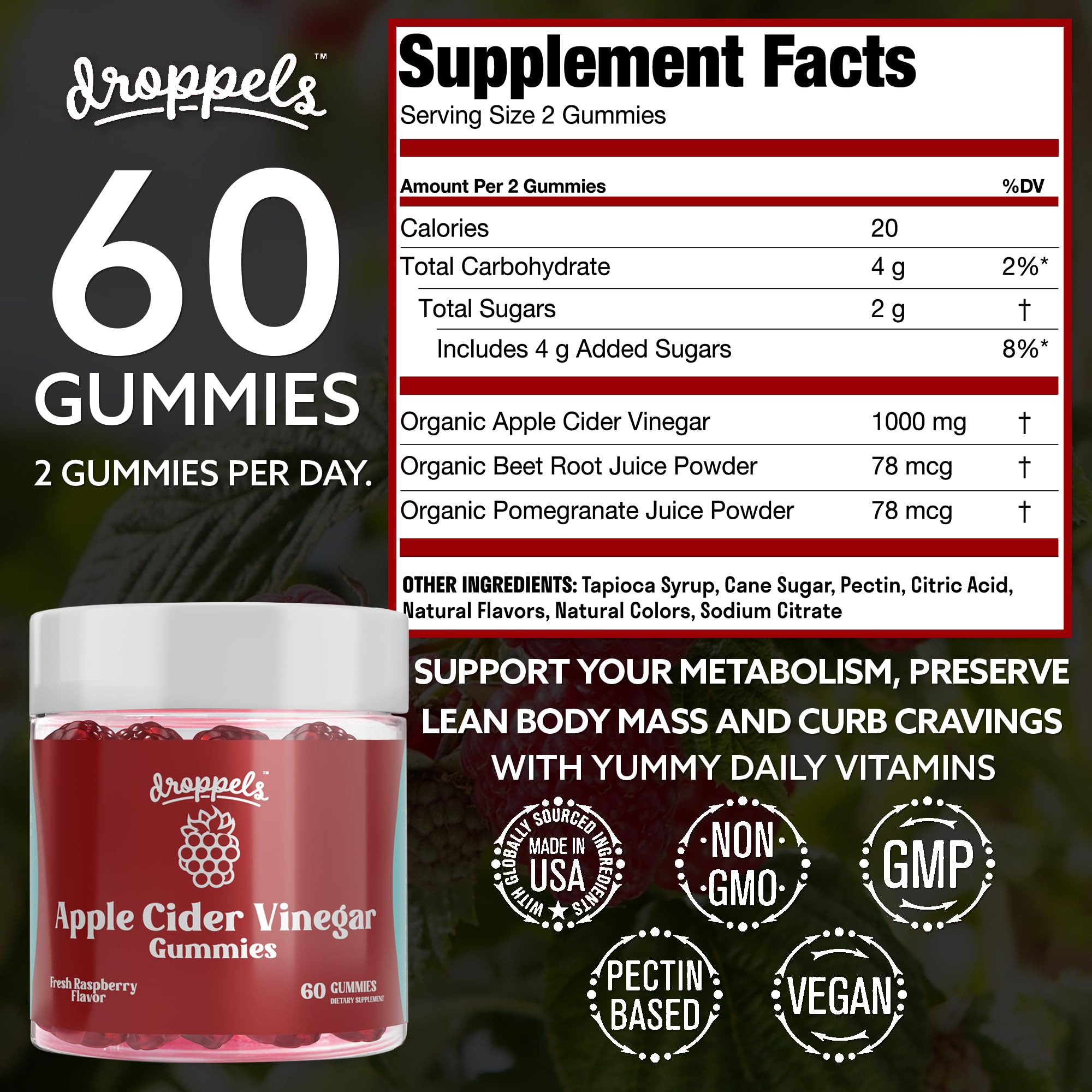 Droppels Apple Cider Vinegar Gummies ingredients list with natural flavors and colors.