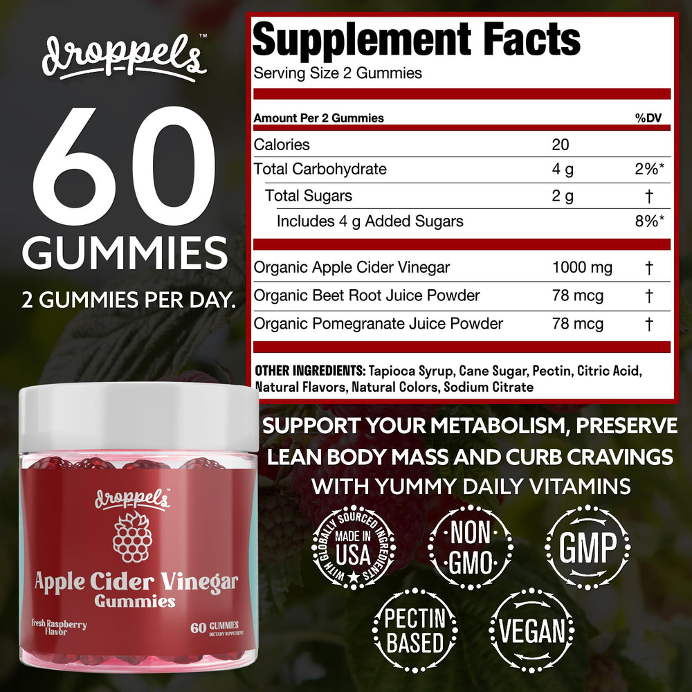 Droppels Apple Cider Vinegar Gummies ingredients list with natural flavors and colors.
