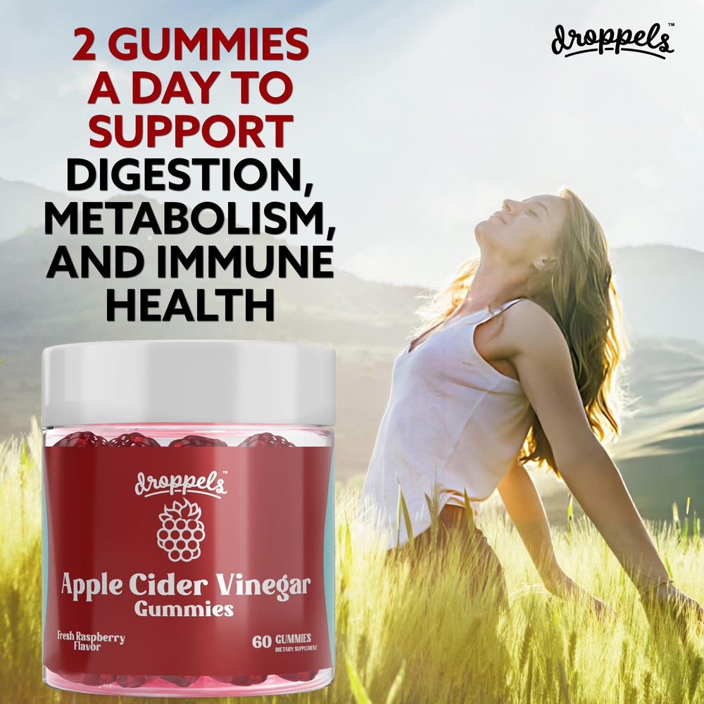 Droppels gummies nutrition panel shows clean, gluten-free vegan ingredients.