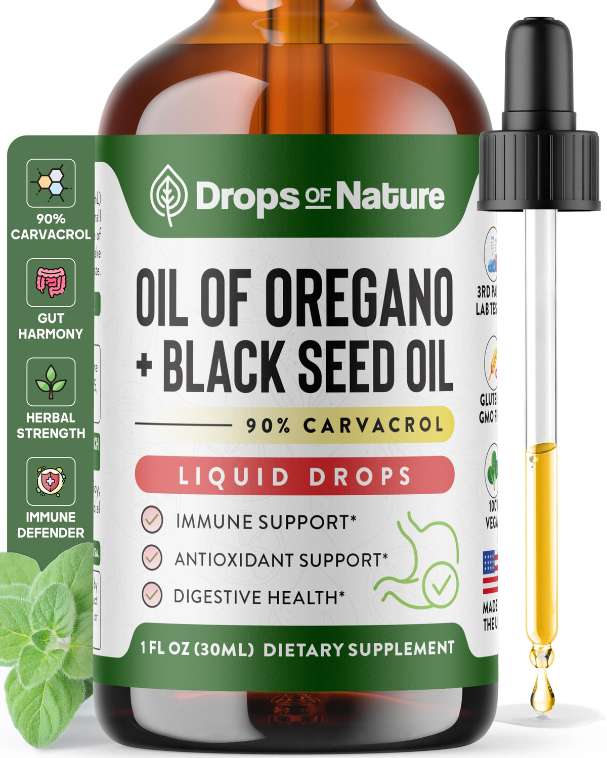 Drops Of Nature: botella de aceite de orégano con semilla negra para uso diario y bienestar general.